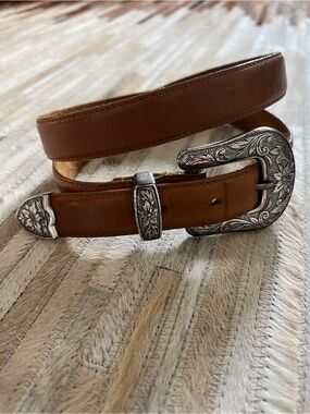 Vintage Billy Belt Leather Western Buckle Belt with Silver Floral Buckles